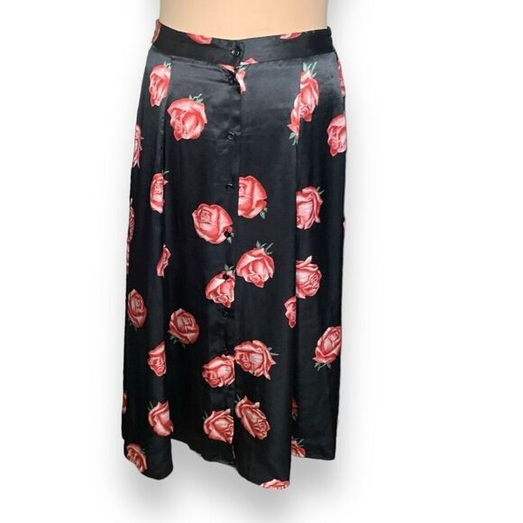 Vintage 90s Notations Rose Print Black Satin Button Front Maxi Skirt Size 14P - Picture 2 of 9